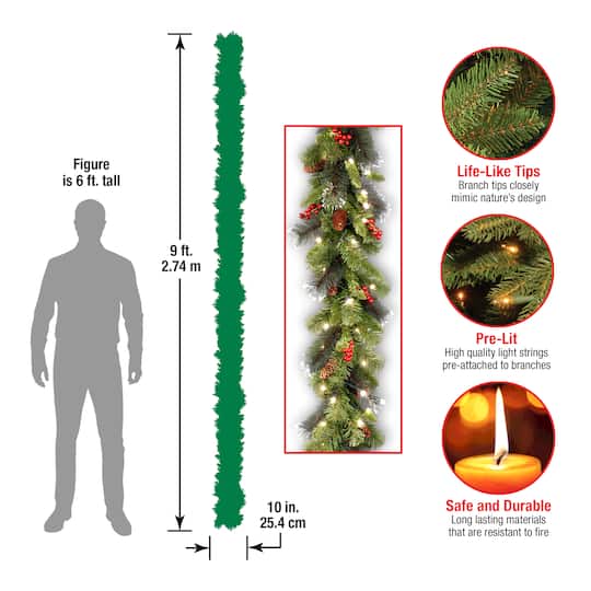 9ft. Pre-Lit Crestwood® Spruce Garland with Silver Bristle, Cones, Red Berries and Glitter with 50 Clear Lights